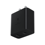 Samsung 35W USB C charger in black with dual ports for fast charging Samsung devices