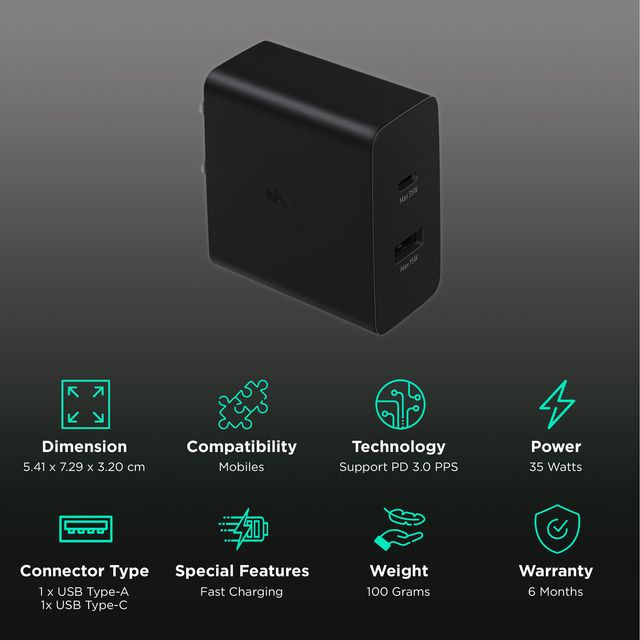 Black Samsung 35W USB C charger with fast charging and USB Type-A and Type-C ports