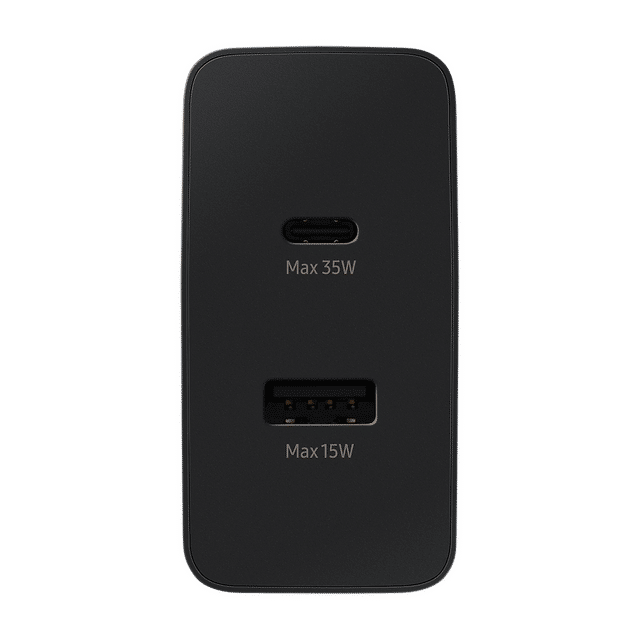 Samsung 35W USB C charger in black with USB-C and USB-A ports for fast charging