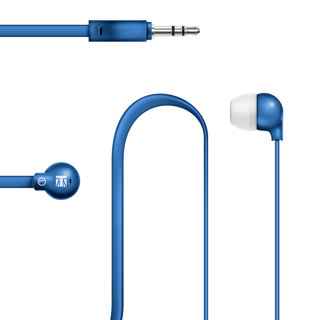 Blue Samsung EHS64 earphones with 3.5mm audio jack and in-ear design for clear sound