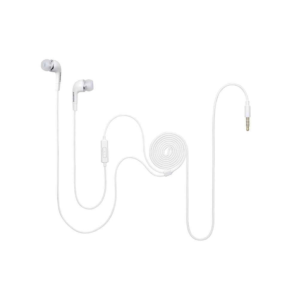 White Samsung EHS64 earphones with in-ear buds and wired 3.5mm audio jack connector