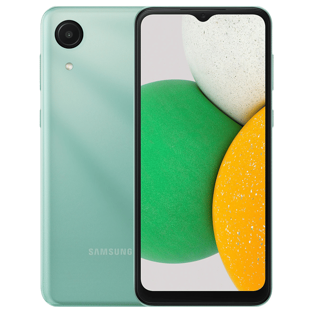 Samsung Galaxy A03 Core smartphone in green showing front display and rear camera