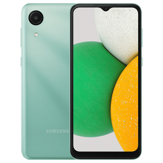 Samsung Galaxy A03 Core smartphone in green showing front display and rear camera