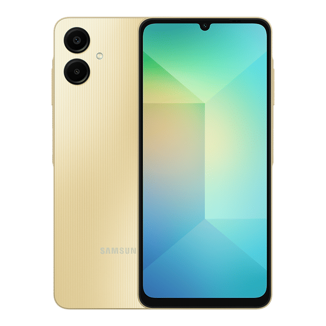 Samsung Galaxy A06 4GB 128GB Gold phone showing front display and dual rear cameras