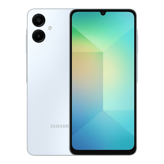 Samsung Galaxy A06 4GB 128GB Gold phone showing front screen and white textured back with dual cameras