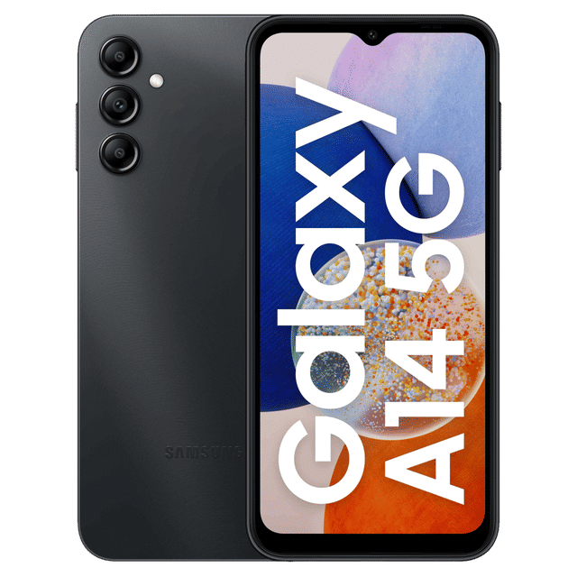 Samsung Galaxy A14 5G unlocked phone in black with triple rear cameras and front display
