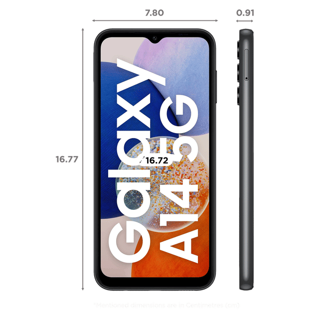 Samsung Galaxy A14 5G unlocked smartphone front and side view with detailed dimensions in centimeters