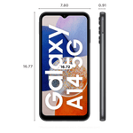 Samsung Galaxy A14 5G unlocked smartphone front and side view with detailed dimensions in centimeters