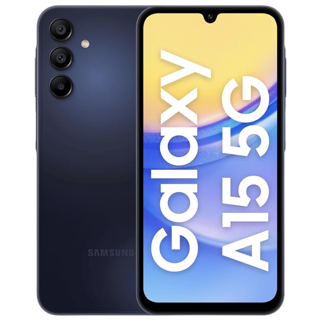 Samsung Galaxy A15 5G unlocked phone showing front display and triple camera on back in black