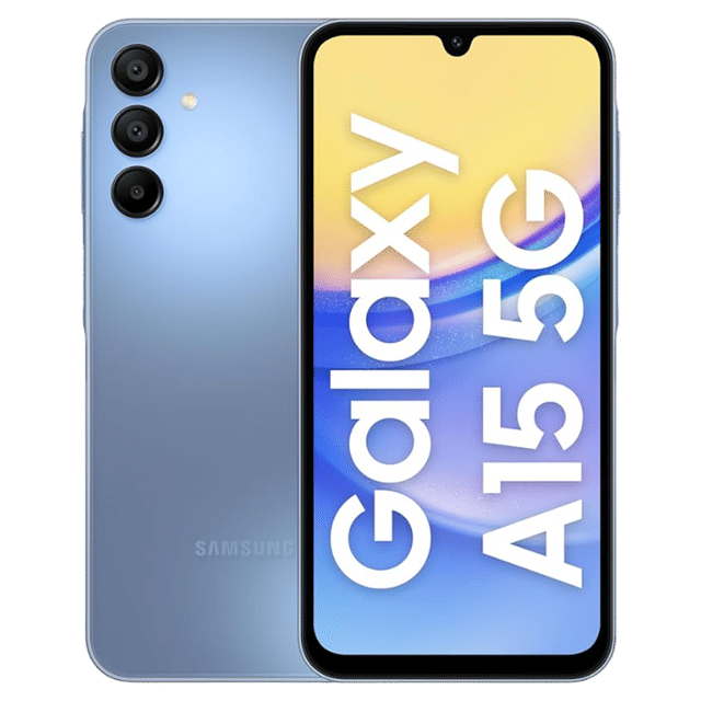 Samsung Galaxy A15 5G unlocked phone in blue showing front display and triple rear cameras