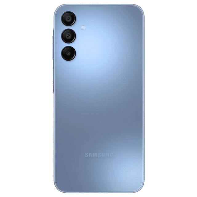 Samsung Galaxy A15 5G unlocked phone in blue with triple rear cameras and sleek design