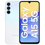 Samsung Galaxy A15 5G unlocked smartphone showing front display and triple rear cameras in white