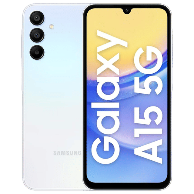 Samsung Galaxy A15 5G unlocked smartphone showing front display and triple rear cameras in white