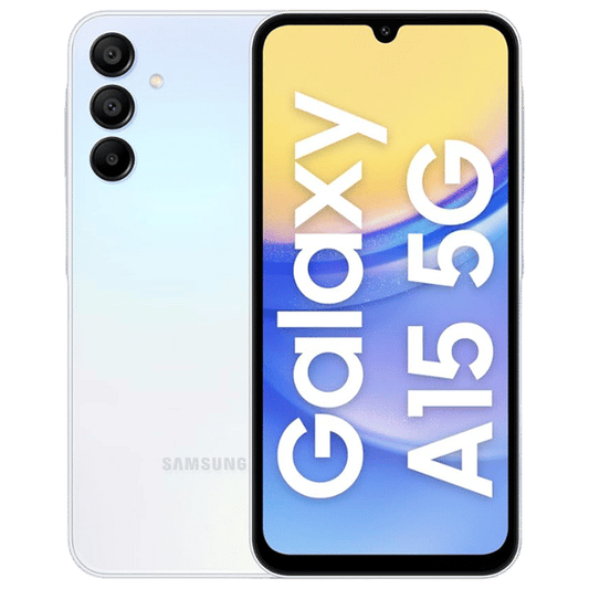 Samsung Galaxy A15 5G unlocked smartphone showing front display and triple rear cameras in white