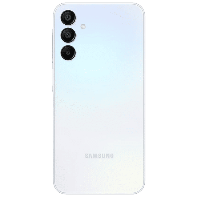 Samsung Galaxy A15 5G unlocked white smartphone showing rear triple camera setup and Samsung logo