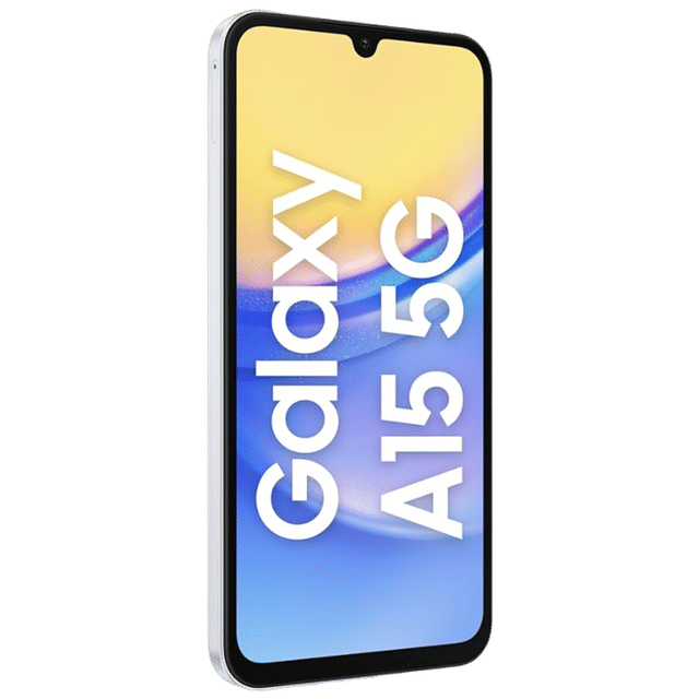 Samsung Galaxy A15 5G unlocked smartphone front view with screen displaying product name