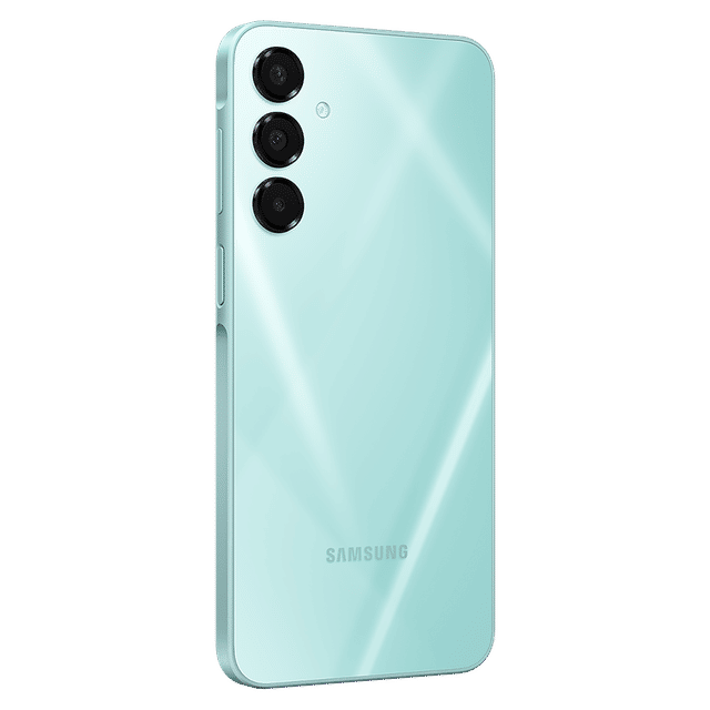 Samsung Galaxy A16 5G smartphone in light blue with triple rear cameras and sleek design