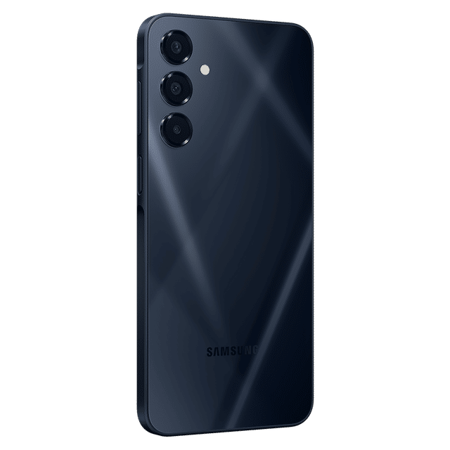 Samsung Galaxy A16 5G smartphone in black showing rear triple camera setup and sleek design