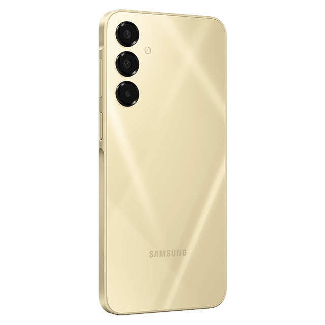Samsung Galaxy A16 5G smartphone in gold color showing rear triple camera design