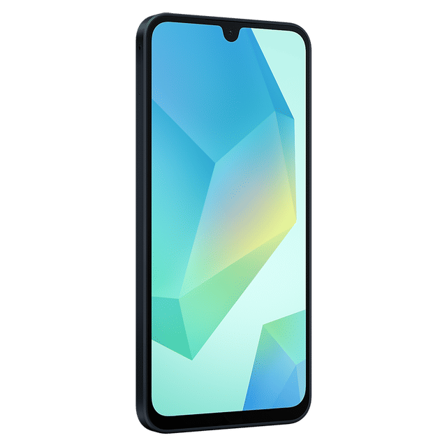 Samsung Galaxy A16 5G smartphone front view with geometric blue and green wallpaper on screen