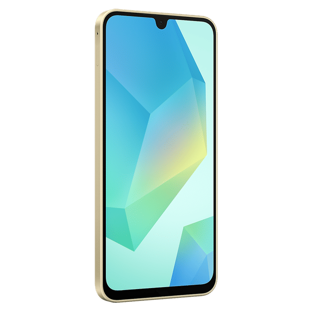 Samsung Galaxy A16 5G smartphone with bezel-less display and gold frame on black background