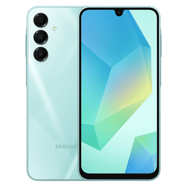 Samsung Galaxy A16 5G smartphone in light blue showing front display and triple rear cameras