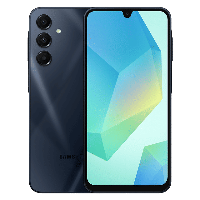 Samsung Galaxy A16 5G smartphone front and back view with triple camera in black color