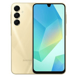 Samsung Galaxy A16 5G smartphone in gold showing front display and triple rear cameras