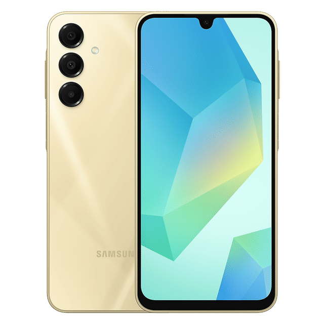 Samsung Galaxy A16 5G smartphone in gold showing front display and triple rear cameras