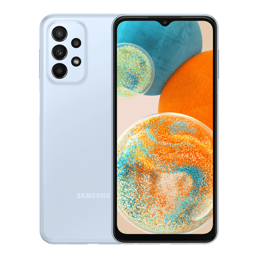 Samsung Galaxy A23 5G unlocked smartphone front and back view in light blue color