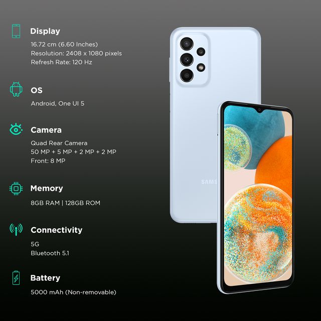 Samsung Galaxy A23 5G unlocked phone with quad rear camera and 6.6 inch display in light blue