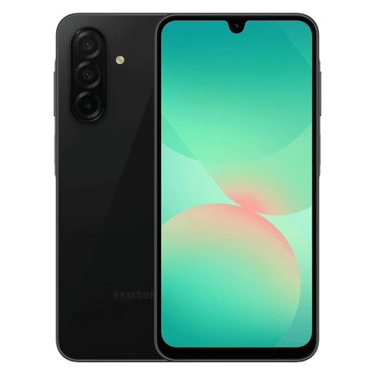Samsung Galaxy A26 5G unlocked smartphone in black showing front screen and rear triple camera