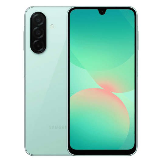Samsung Galaxy A26 5G unlocked mint green smartphone showing front and back with triple rear cameras