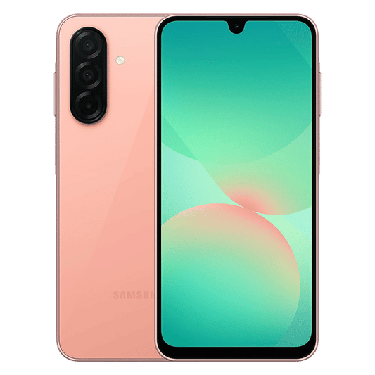 Samsung Galaxy A26 5G unlocked smartphone in pink showing front display and triple rear cameras