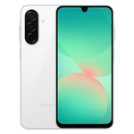 Samsung Galaxy A26 5G unlocked white phone showing front display and triple rear camera