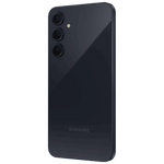 Black Samsung Galaxy A35 5G smartphone showing rear triple camera setup and sleek design