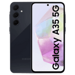 Samsung Galaxy A35 5G smartphone showing front display and triple rear camera in black