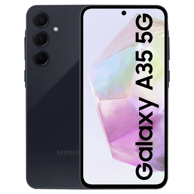 Samsung Galaxy A35 5G smartphone showing front display and triple rear camera in black
