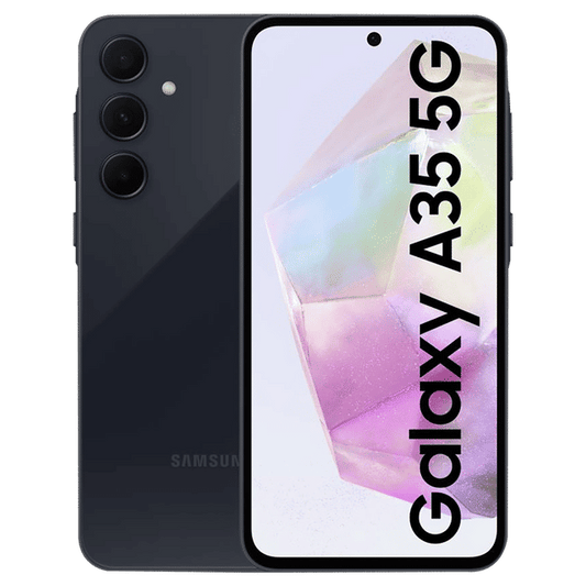 Samsung Galaxy A35 5G smartphone showing front display and triple rear camera in black