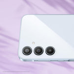 Close-up of white Samsung Galaxy A35 5G smartphone camera lenses and sleek design on purple background