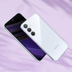 Samsung Galaxy A35 5G phone in white showing front display and triple rear cameras