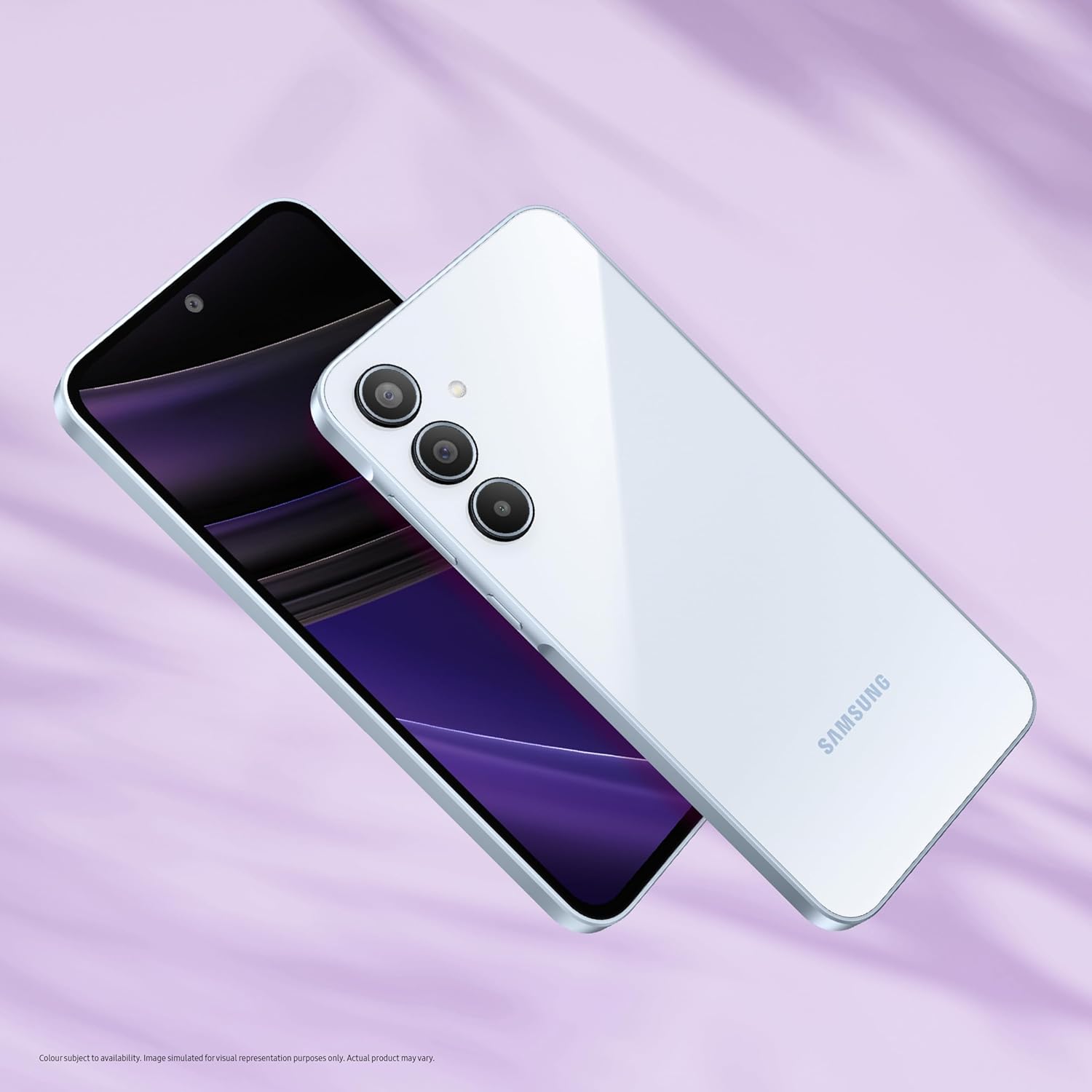 Samsung Galaxy A35 5G phone in white showing front display and triple rear cameras