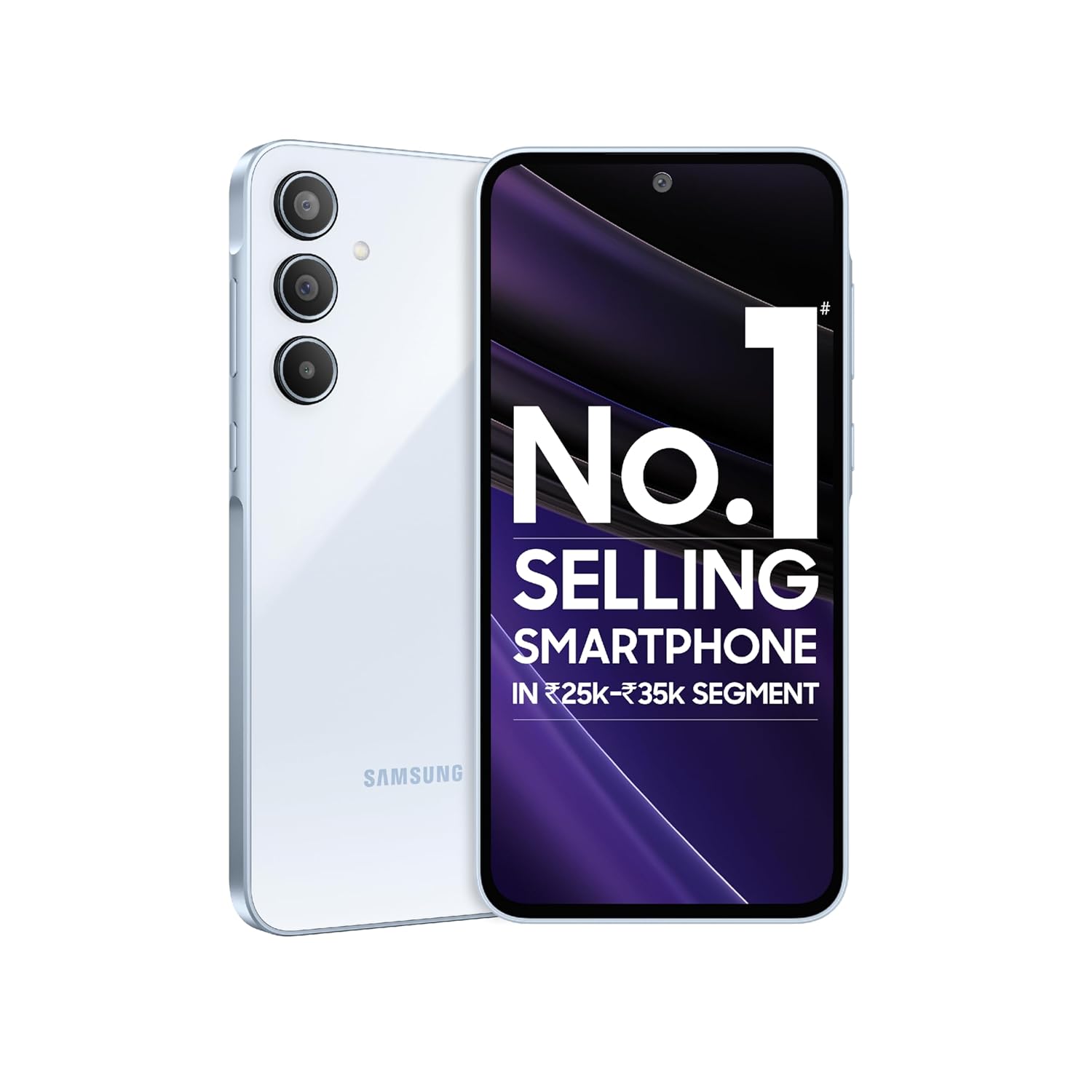 Samsung Galaxy A35 5G smartphone in white with triple rear cameras and front display