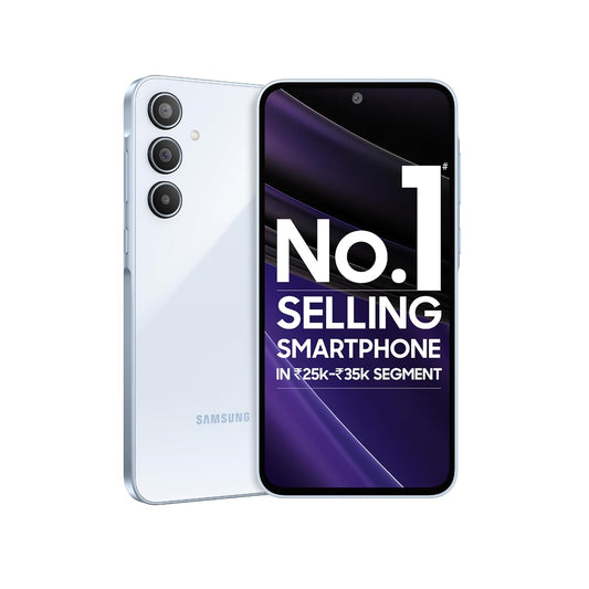 Samsung Galaxy A35 5G smartphone in white with triple rear cameras and front display