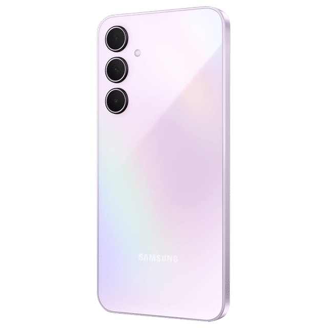 Samsung Galaxy A35 5G phone in pearl white with triple rear cameras and sleek design