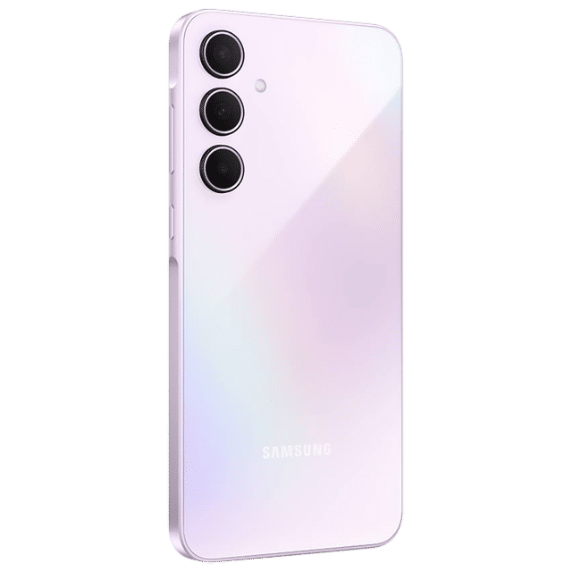 Samsung Galaxy A35 5G phone with a sleek white back and triple camera setup