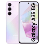 Samsung Galaxy A35 5G phone in light purple showing front screen and triple camera on back