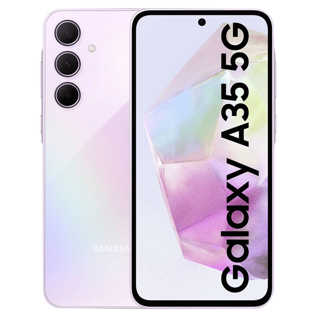 Samsung Galaxy A35 5G phone in light purple showing front screen and triple camera on back