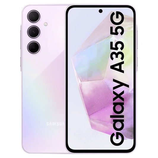 Samsung Galaxy A35 5G phone in light purple showing front screen and triple camera on back