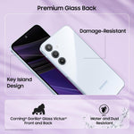 Samsung Galaxy A35 5G phone showing white damage-resistant glass back and front with triple camera and water dust resistance